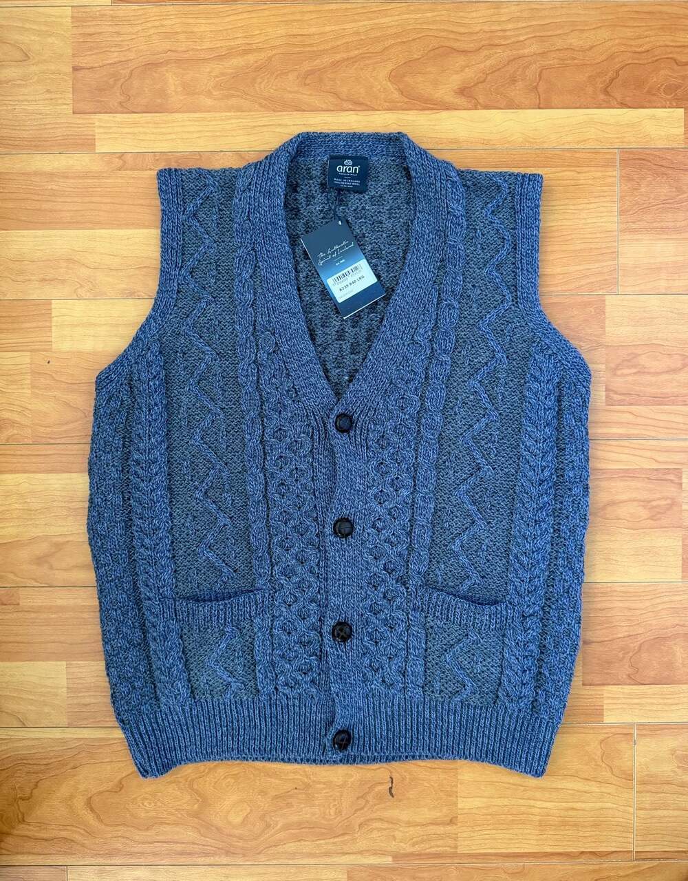 Aran Woolen Mills Men's 100% Merino Wool Cable Knit Vest, Blue, Size L